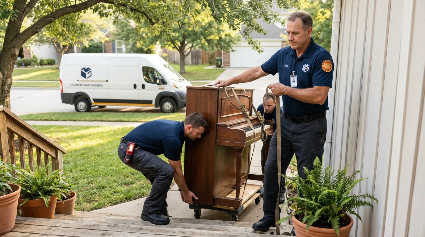 Licensed piano movers securing grand piano in Petersburg, MI