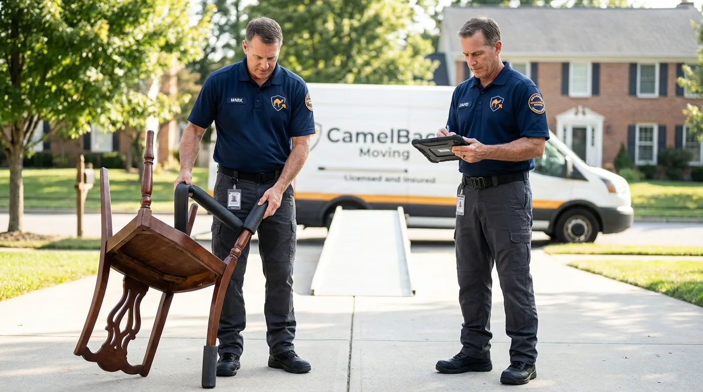 Movers inspecting furniture for damage prevention before loading in Petersburg, MI