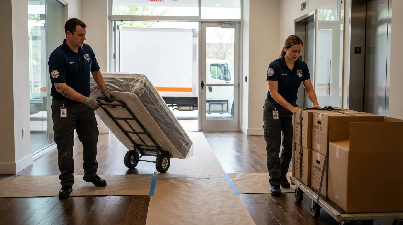 Professional apartment movers loading elevator in Petersburg, MI
