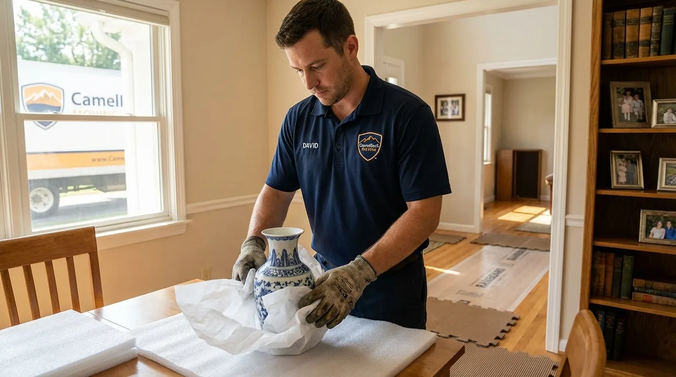 Professional crew carefully wrapping antique vase for senior downsizing move in Petersburg, MI